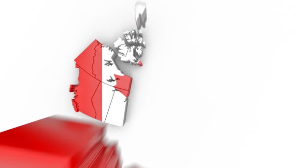 Χάρτης του Καναδά με σημαία, κορυφαία θέα. Σχηματίζεται από μεμονωμένα κράτη που πέφτουν από πάνω προς τα κάτω σε λευκό. — Αρχείο Βίντεο