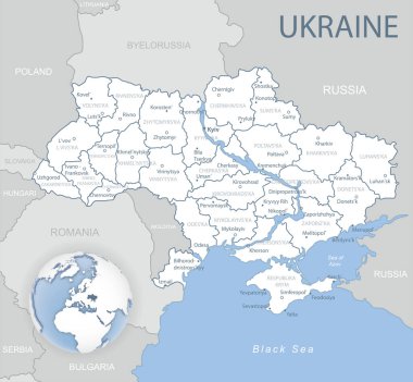Ukrayna 'nın mavi-gri detaylı haritası ve dünya üzerindeki idari bölümler ve konumu.