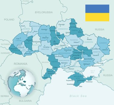 Ukrayna 'nın mavi-yeşil detaylı haritası ve ülke bayrağı ve dünya üzerindeki konumu olan idari bölümler.