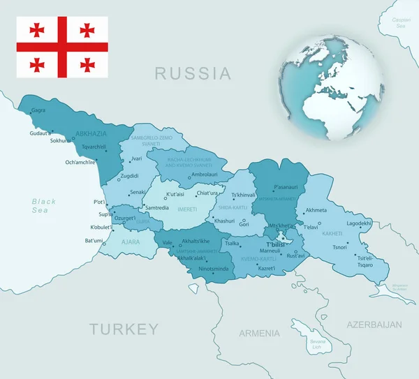 Blue-green detailed map of Georgia and administrative divisions with country flag and location on the globe.