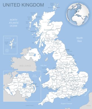 İngiltere 'nin mavi-gri detaylı haritası ve dünya üzerindeki idari bölümler ve konumu.