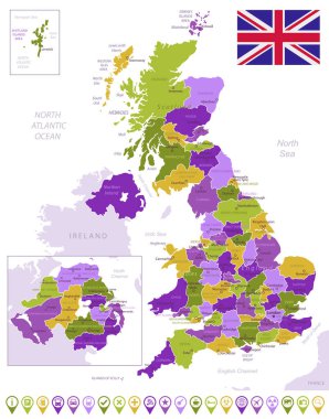 Birleşik Krallık 'ın bayraklı, bölge ve ülke sınırlı ayrıntılı haritası. Mor, sarı, yeşil.