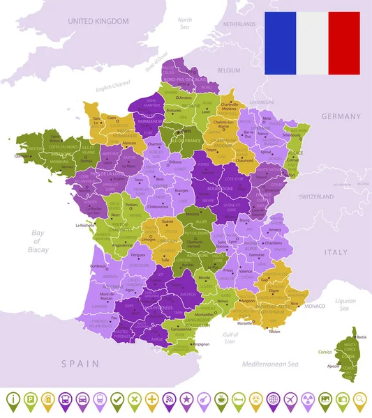 有国旗、区域和国家边界的法国详细地图。紫色、黄色、绿色. — 图库矢量图片