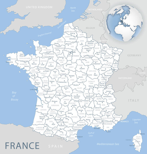 Blue-gray detailed map of France and administrative divisions and location on the globe.