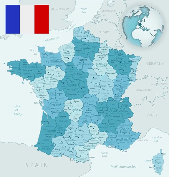 法国蓝绿色详细地图和行政区划，国旗和地理位置遍布全球. — 图库矢量图片