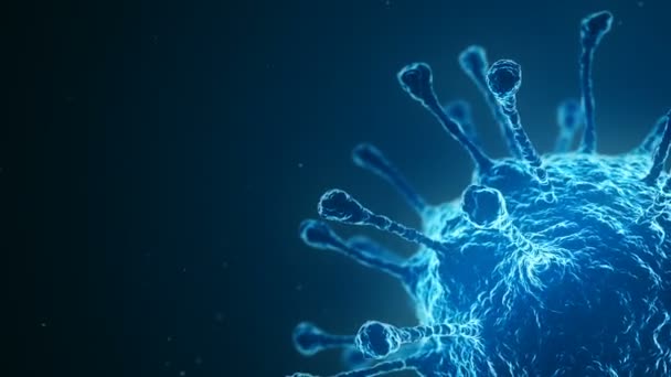 Brillante, brillante, coronavirus azul bajo el microscopio sobre un fondo oscuro. Representación 3D de microbios — Vídeo de stock