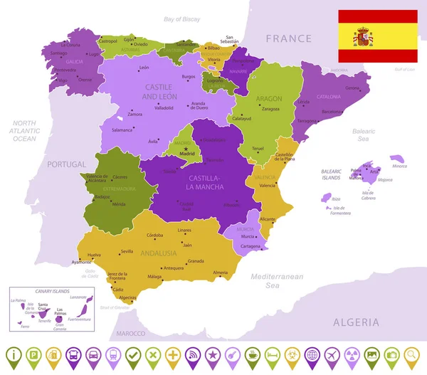 Detailed map of Spain with flag, border of region and country (англійською). Фіолетовий, жовтий, зелений. — стоковий вектор