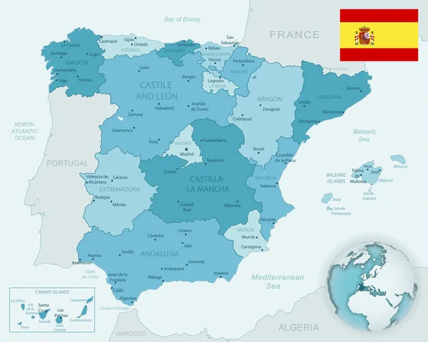 Блакитно-зелена детальна карта Іспанії і адміністративні підрозділи з прапором і місцем розташування на земній кулі.. — стоковий вектор