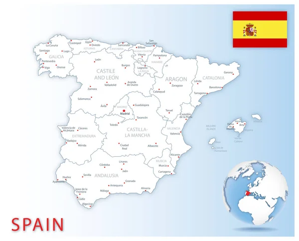 Gedetailleerde kaart van Spanje administratieve afdelingen met land vlag en locatie op de wereld. — Stockvector