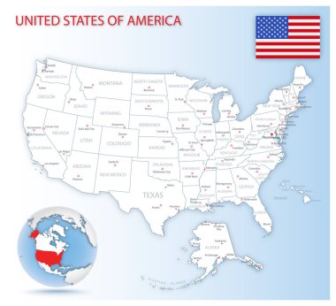 Ayrıntılı Amerika Birleşik Devletleri idari haritası ülke bayrağı ve mavi küredeki konumu.