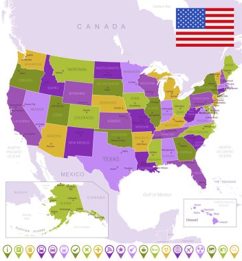 ABD 'nin bayraklı, bölge ve ülke sınırlı ayrıntılı haritası. Mor, sarı, yeşil.