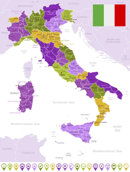 Podrobná mapa Itálie s vlajkou, hranicí regionů a země. Fialová, žlutá, zelená. — Stockový vektor