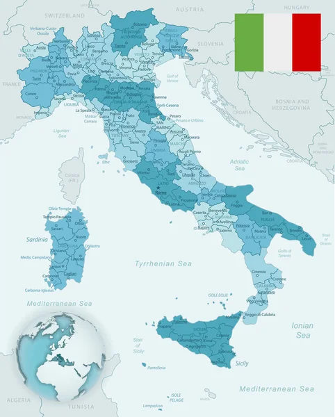 Modro-zelená podrobná mapa Itálie a správních divizí s vlajkou země a polohou na zeměkouli. — Stockový vektor