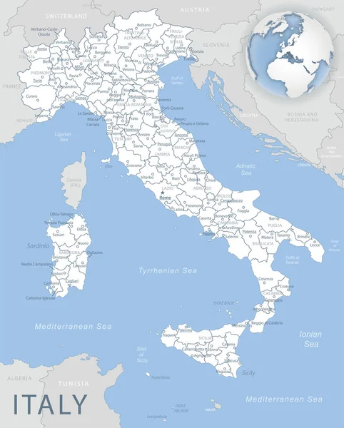 Modrošedá podrobná mapa Itálie a správních divizí a umístění na zeměkouli. — Stockový vektor