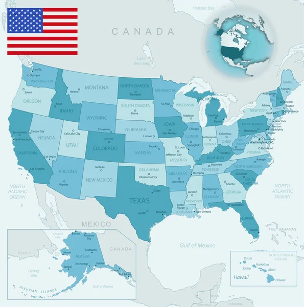 Carte détaillée bleu-vert des États-Unis et des divisions administratives avec le drapeau du pays et l'emplacement sur le globe . — Image vectorielle