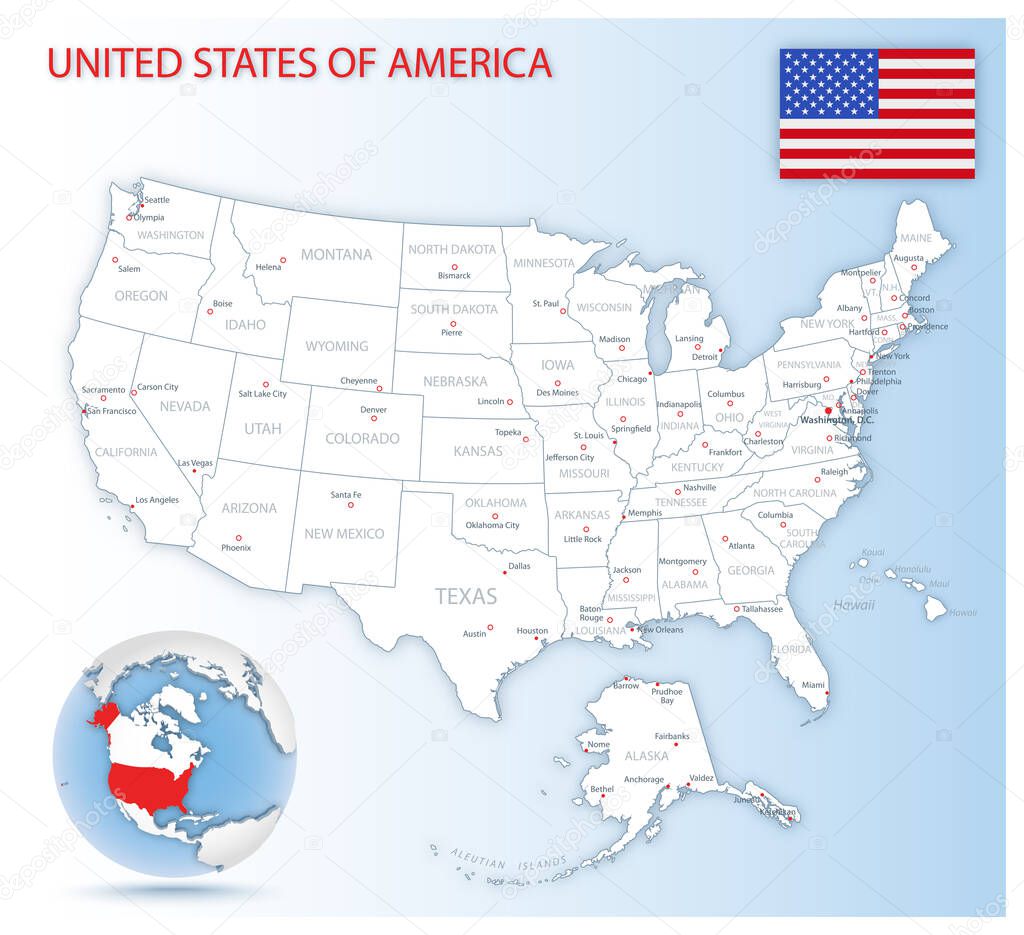 Detailed United States of America administrative map with country flag and location on a blue globe.