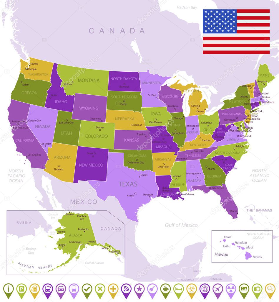 Detailed map of USA with flag, border of regions and country. Purple, yellow, green.