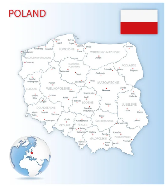 Carte administrative détaillée de la Pologne avec drapeau du pays et emplacement sur un globe bleu . — Image vectorielle