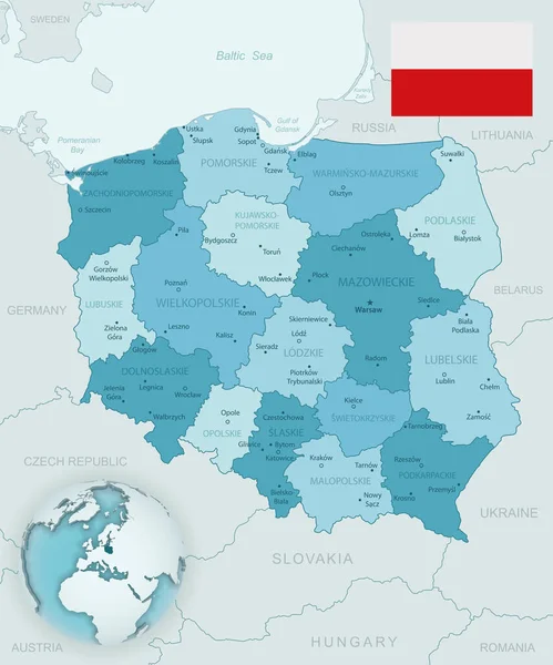 Modro-zelená podrobná mapa Polska a správních divizí s vlajkou země a polohou na zeměkouli. — Stockový vektor