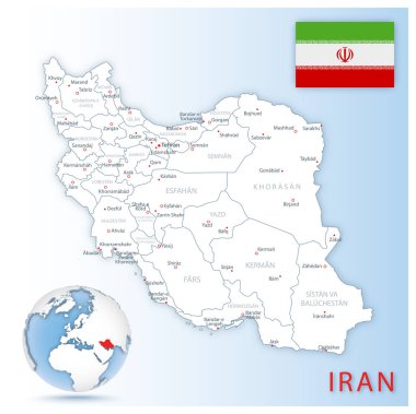 Mavi bir kürede ülke bayrağı ve konumu bulunan ayrıntılı İran idari haritası.