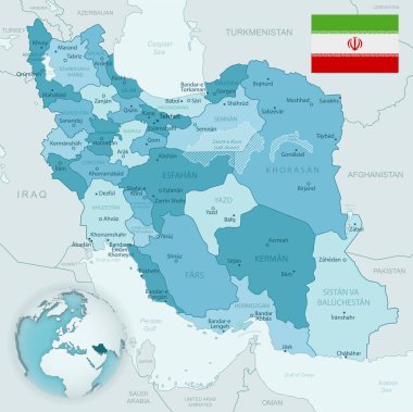 İran 'ın mavi-yeşil detaylı haritası ve ülke bayrağı ve dünya üzerindeki konumu olan idari bölümler.