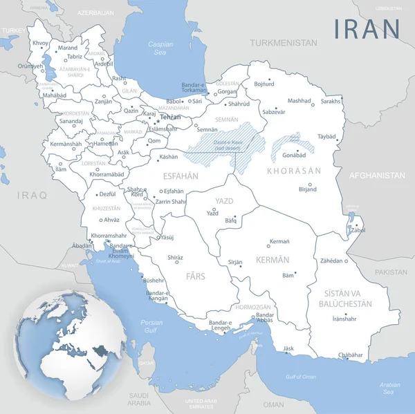 Blue-gray mapa detallado de Irán y las divisiones administrativas y la ubicación en el mundo . — Archivo Imágenes Vectoriales