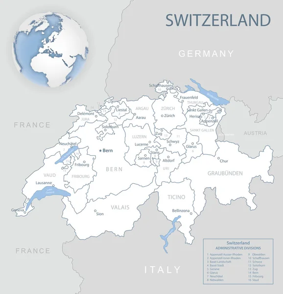 Mapa detallado azul-gris de Suiza y divisiones administrativas y ubicación en el mundo . — Vector de stock