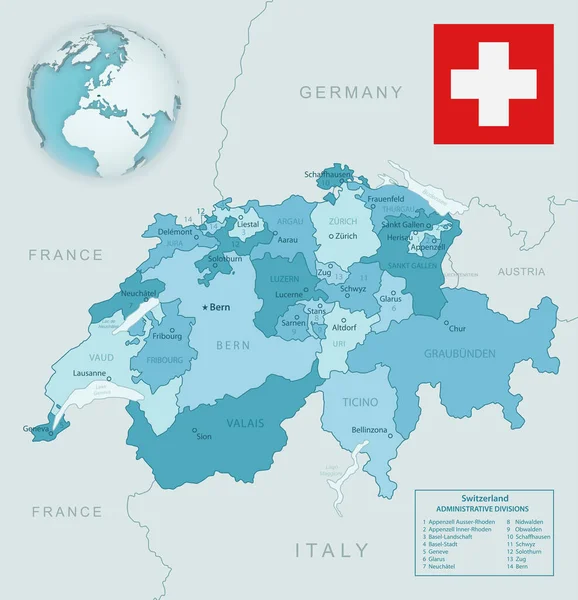 Mapa detallado de Suiza y divisiones administrativas con bandera del país y ubicación en el mundo . — Vector de stock