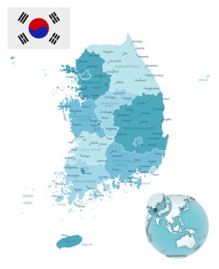 Güney Kore idari mavi-yeşil haritası ülke bayrağı ve bir dünya üzerinde konumu. Vektör illüstrasyonu