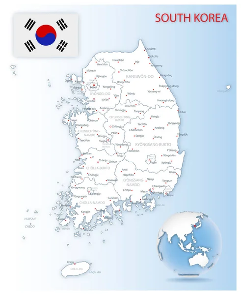 Podrobná Mapa Jihokorejských Správních Divizí Vlajkou Země Umístěním Zeměkouli Vektorová — Stockový vektor