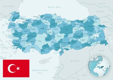 Türkiye 'nin mavi-yeşil ayrıntılı haritası ve ülke bayrağı ve dünya üzerindeki konumu olan idari bölümler. Vektör illüstrasyonu