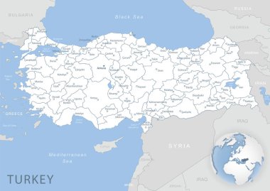 Türkiye 'nin mavi-gri ayrıntılı haritası ve dünya üzerindeki idari bölümler ve konumu. Vektör illüstrasyonu