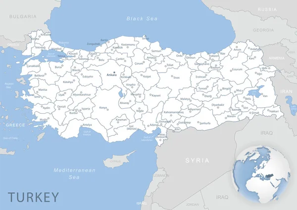 Türkiye 'nin mavi-gri ayrıntılı haritası ve dünya üzerindeki idari bölümler ve konumu. Vektör illüstrasyonu