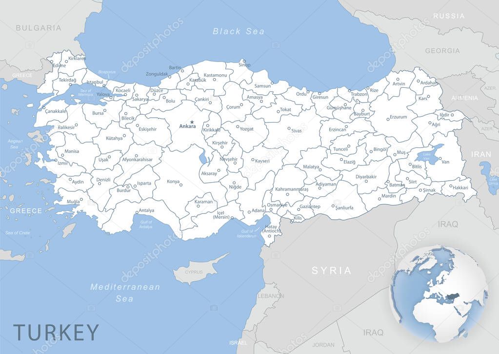 Blue-gray detailed map of Turkey and administrative divisions and location on the globe. Vector illustration