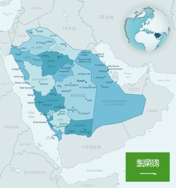 Suudi Arabistan idari birimlerinin mavi-yeşil haritası. Ülke bayrağı ve dünya üzerindeki konumu. Vektör illüstrasyonu