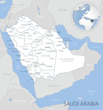Suudi Arabistan idari birimlerinin mavi-gri detaylı haritası ve dünyadaki konumu. Vektör illüstrasyonu