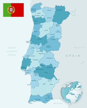 Portekiz idari birimlerinin mavi-yeşil haritası. Ülke bayrağı ve dünya üzerindeki konumu. Vektör illüstrasyonu