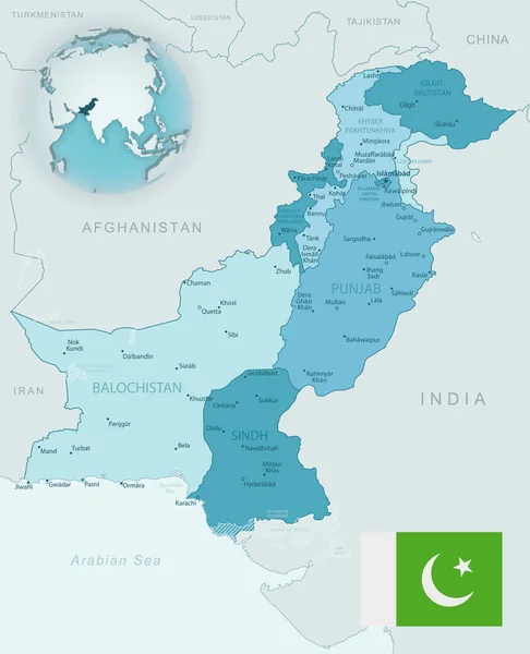 Mapa Detallado Azul Verde Las Divisiones Administrativas Pakistán Con Bandera — Vector de stock