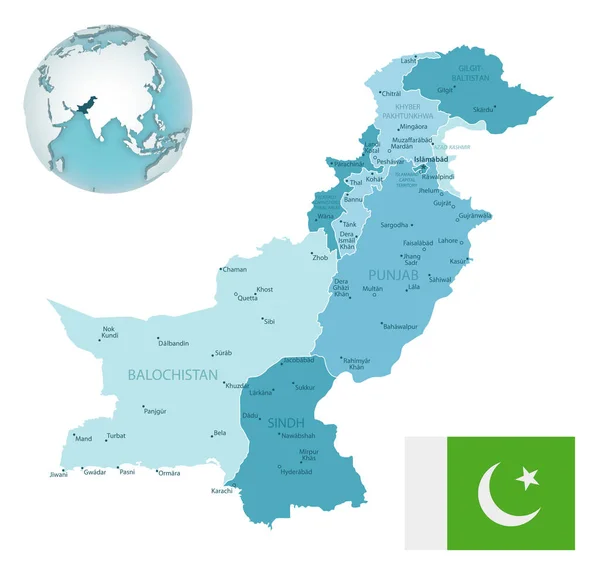 Pakistan Administratieve Blauwgroene Kaart Met Landvlag Locatie Een Wereldbol Vectorillustratie — Stockvector