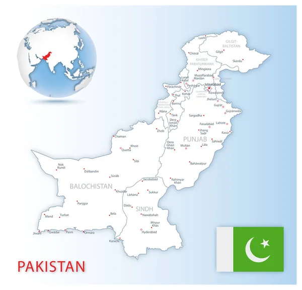 青い地球上の国の旗と場所を持つ詳細なパキスタンの行政地図 ベクターイラスト — ストックベクタ