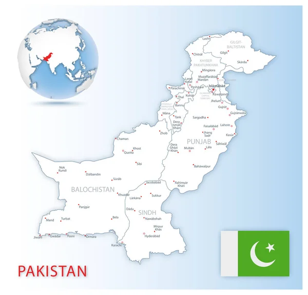 详细的巴基斯坦行政地图 上面有国旗和蓝色地球上的位置 矢量说明 — 图库矢量图片