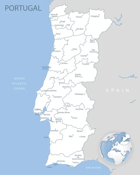 Сине Бело Голубая Подробная Карта Административного Деления Португалии Расположения Земном — стоковый вектор