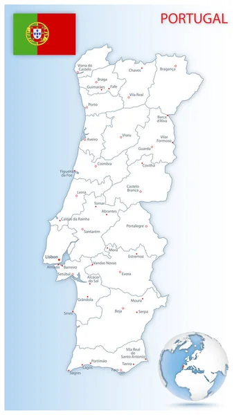 青い地球上の国旗と場所を持つ詳細なポルトガルの行政地図 ベクターイラスト — ストックベクタ