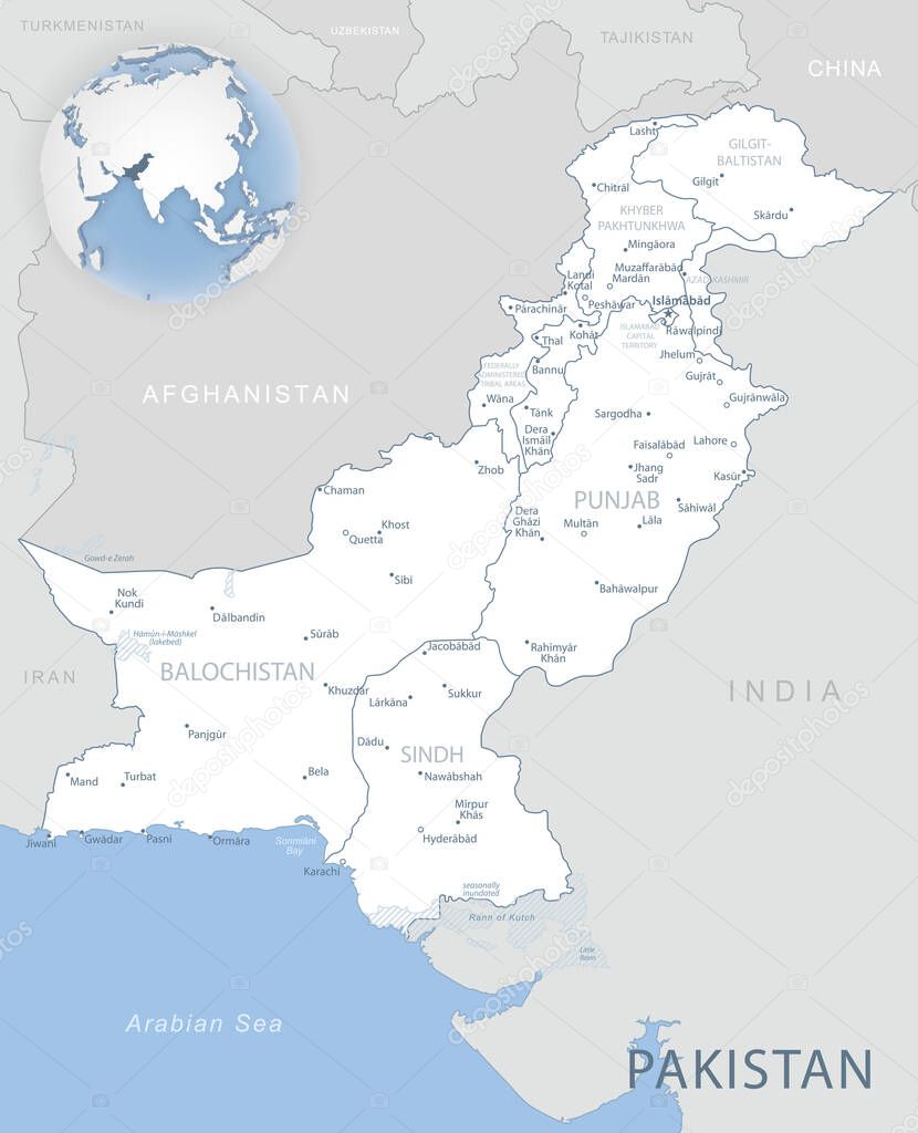 Blue-gray detailed map of Pakistan administrative divisions and location on the globe. Vector illustration