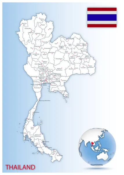 青い地球上の国の旗と場所を持つ詳細なタイの行政地図 ベクターイラスト — ストックベクタ