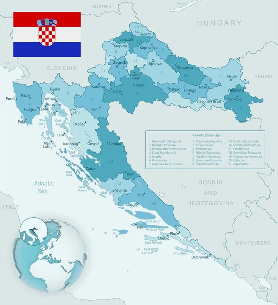 Carte Détaillée Bleu Vert Des Divisions Administratives Croatie Avec Drapeau — Image vectorielle