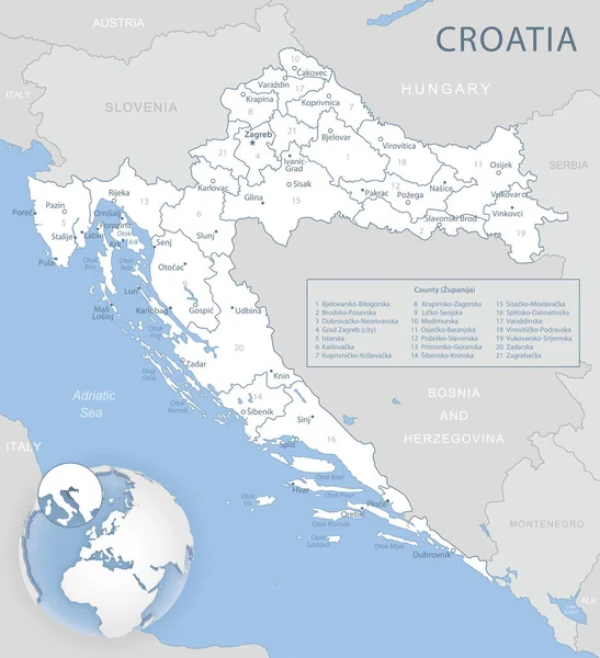 Modrošedá Podrobná Mapa Správních Divizí Chorvatska Jejich Umístění Zeměkouli Vektorová — Stockový vektor