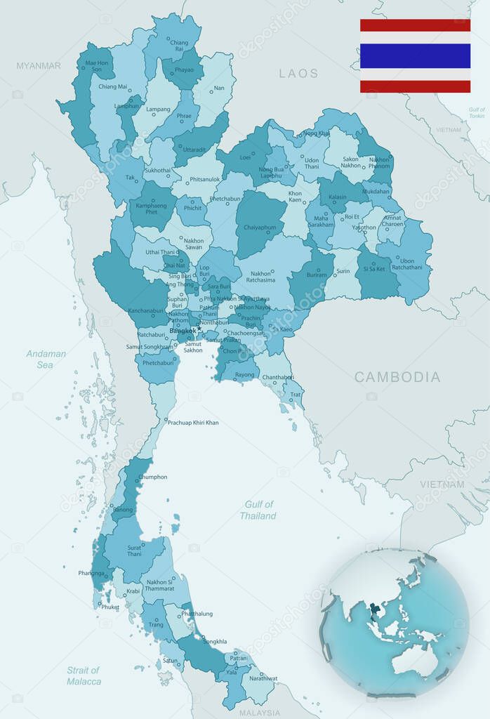 Blue-green detailed map of Thailand administrative divisions with country flag and location on the globe. Vector illustration