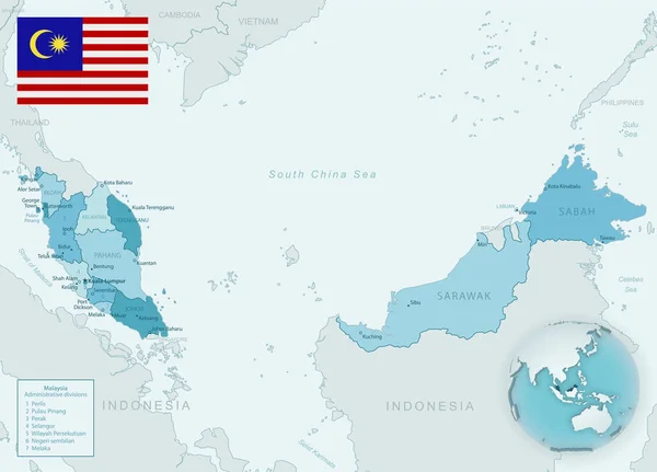 Mapa Detallado Azul Verde Las Divisiones Administrativas Malasia Con Bandera — Vector de stock