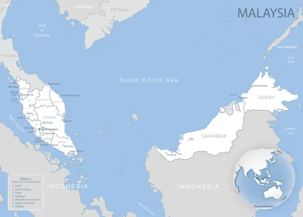 Blue Gray Mapa Detallado Las Divisiones Administrativas Malasia Ubicación Mundo — Vector de stock